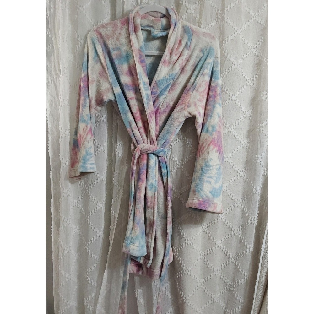 Bobbie Brooks Womens Pastel Tie Dye Fleece Robe Pink Blue White S/M Loungewear‎